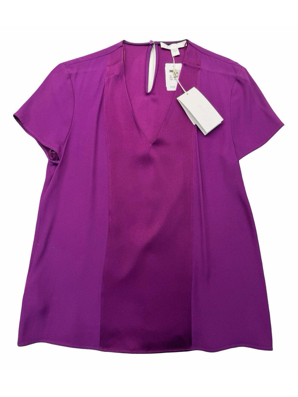 Hugo Boss V-Neck Short Sleeve Satin Panel Blouse Purple Size US 6